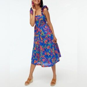 J. Crew Blue Tropical Floral Smocked Cotton Square Ruffled 16 Midi Tank Dress